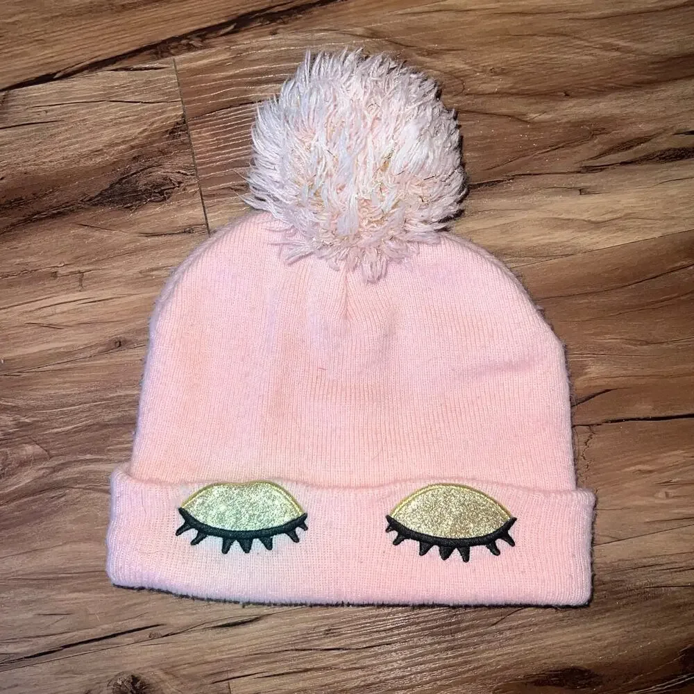 Girls Pink Pom-Pom Eyelash Beanie – One Size